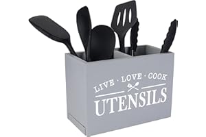Karisky Kitchen Utensil Holder with Removable Bottom Large 2 Compartments Utensil Organizer Farmhouse Utensil Caddy for Countertop Decor, 9 x 7 x 5 Inch, Gray