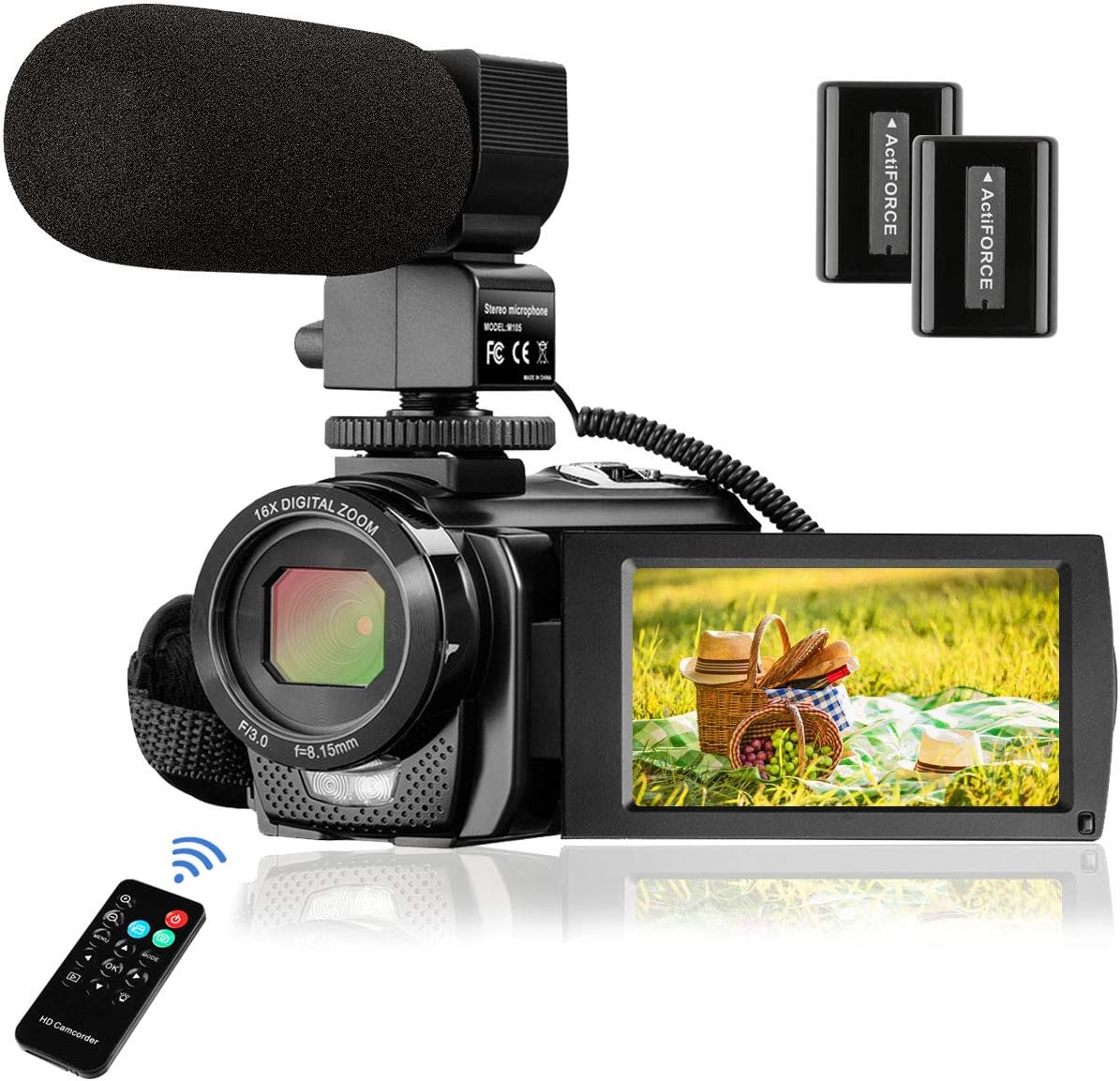 Video Camera Camcorder FHD 1080P 30FPS 24MP YouTube Camera with Microphone 3.0 Inch 270 Degree Rotation 16X Zoom Remote Control Vlogging Digital Video Camera with 2 Batteries