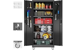 Aobabo Garage Storage Cabinet with Door Pegboard,Lockable Metal Storage Cabinet with 5 Adjustable Shelves for Garage Home,Required Assembly,Black