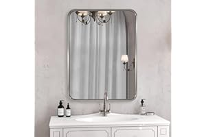 ANDY STAR 28x36 INCH Brushed Nickel Mirror, Rounded Rectangle Silver Metal Framed Mirrors for Bathroom Anti-Rust SUS304, Tube Metal Frame, 1’’ Deep Wall Mounted Vertically/Horizontal
