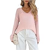 OYOANGLE Women's Lightweight Crochet Sweater V Neck Long Sleeve Loose Pullover Jumper Tops