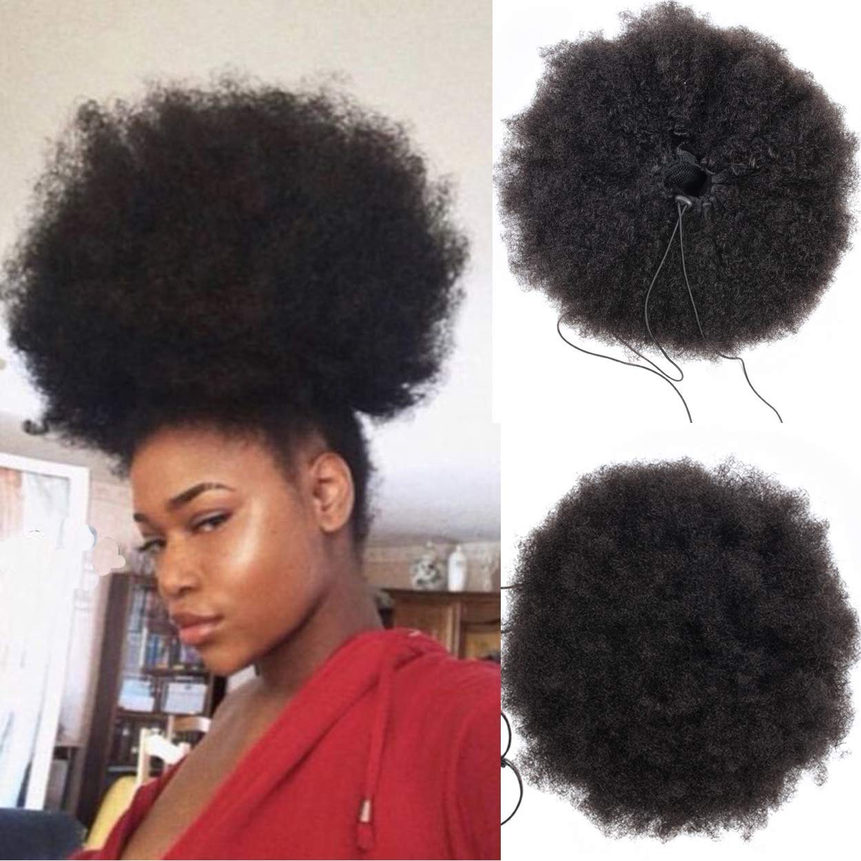 LONG YAO Afro Puff Drawstring Ponytail Human Hair Bun For Black Women 8A Brazilian Virgin Afro Kinky Curly Clip In Ponytail Extension Human Hair Pieces (10 Inch, Afro Puff Drawstring Ponytail)