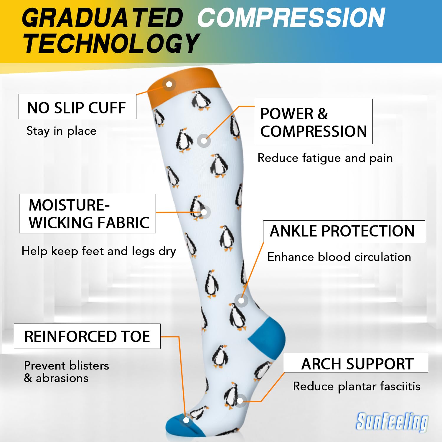 SunFeeling 6 Pairs Compression Socks for Women & Men Circulation - Best Support for Nurses,Running,Athletic,Sports