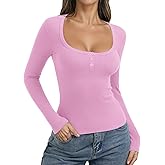 PINKMSTYLE Ribbed Square Neck Long Sleeve Top for Women Cute Y2K Fall Tops Trendy Going Out Tops