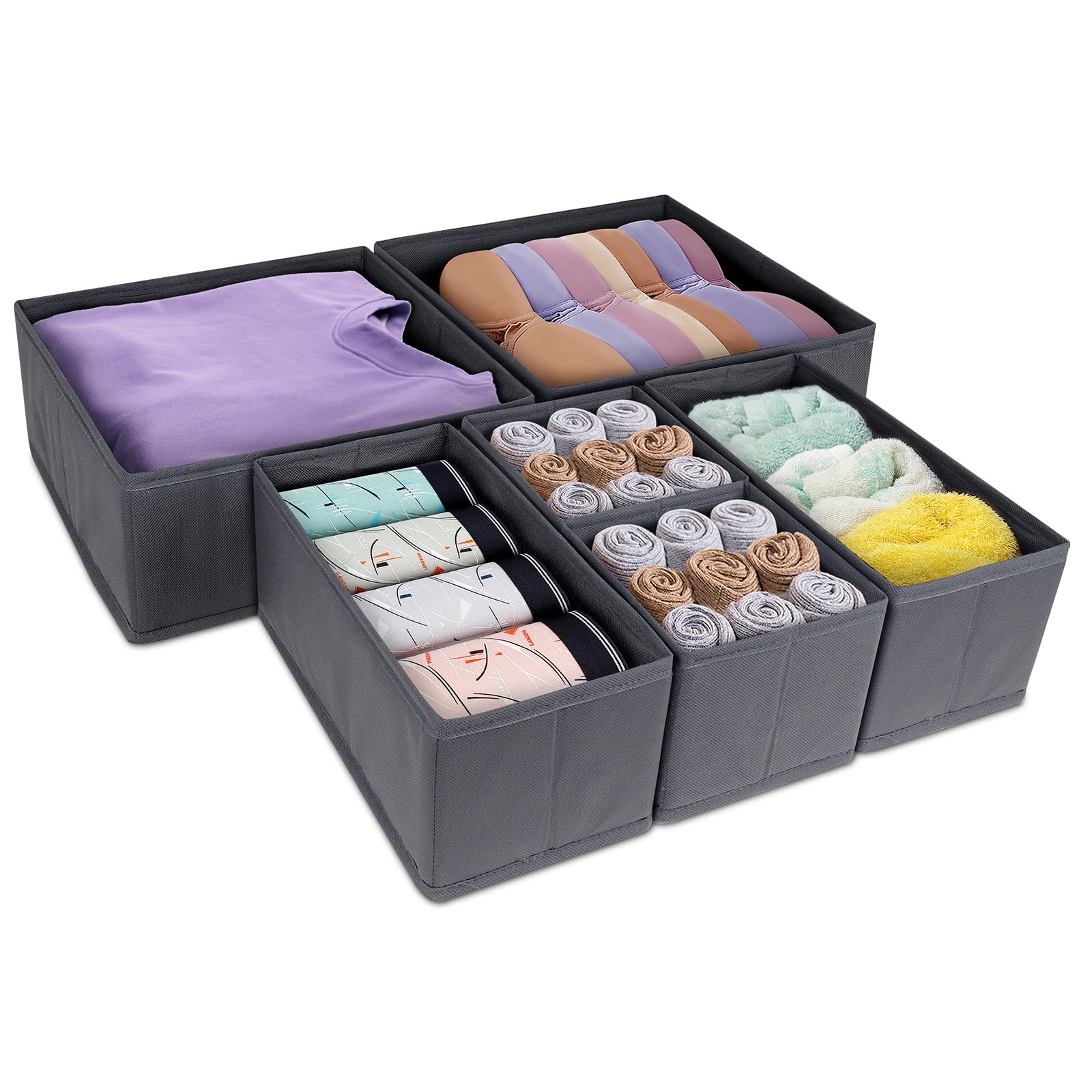 Drawer Organiser-6 Pack Wardrobe Storage Organizer, Desk Organiser, Thickened Fabric Storage Box for Underwear, Clothes, Socks, Ties, Scarves, Cosmetics, 3 Sizes