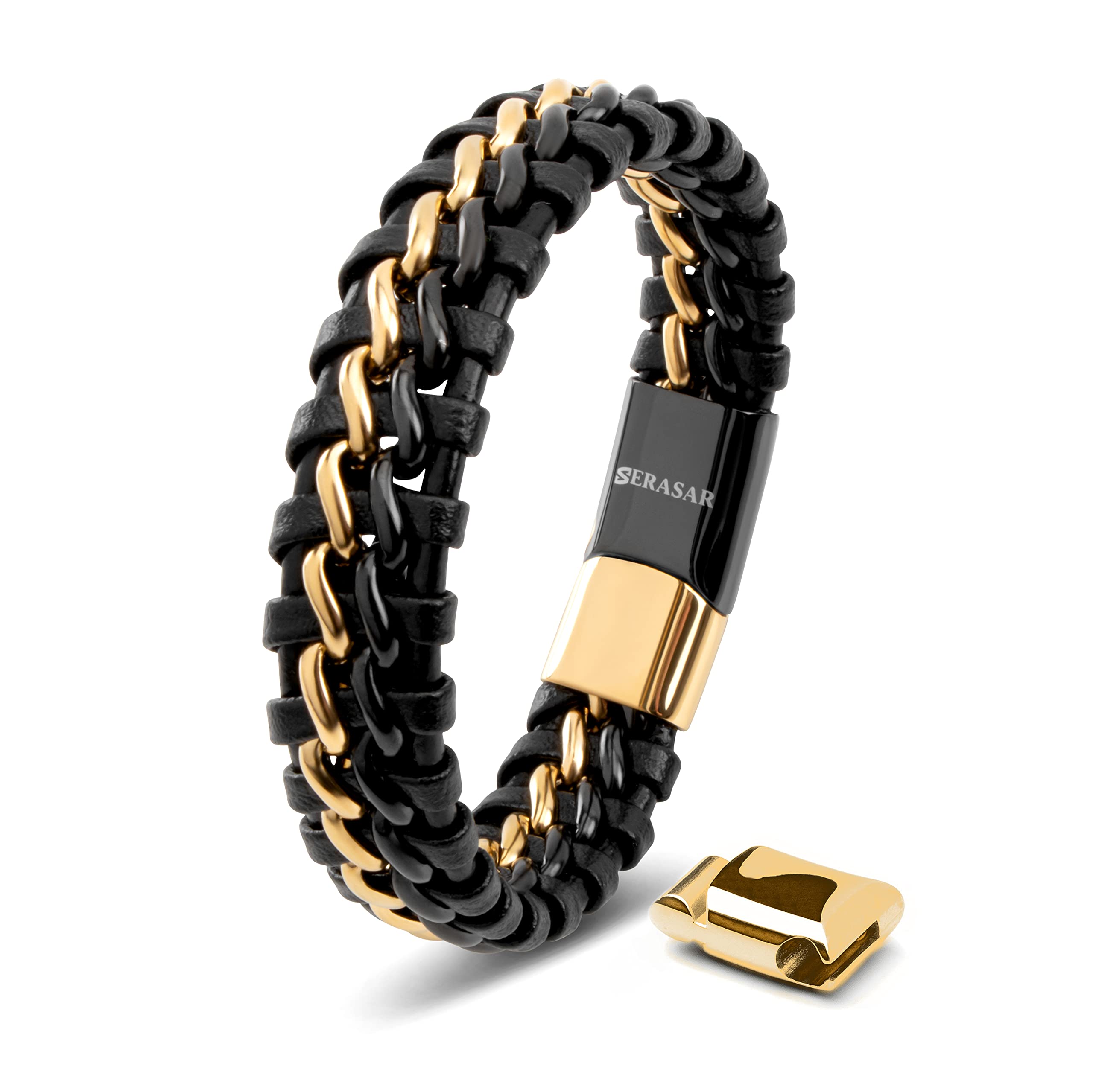 SERASAR Mens Leather Bracelet 17cm Gold Men GiftBox Genuine Cowhide Braided AdjustAble Magnetic Clasp MultiLayer Wrap Rope Mans Male Band Jewelry Magnet Accessories