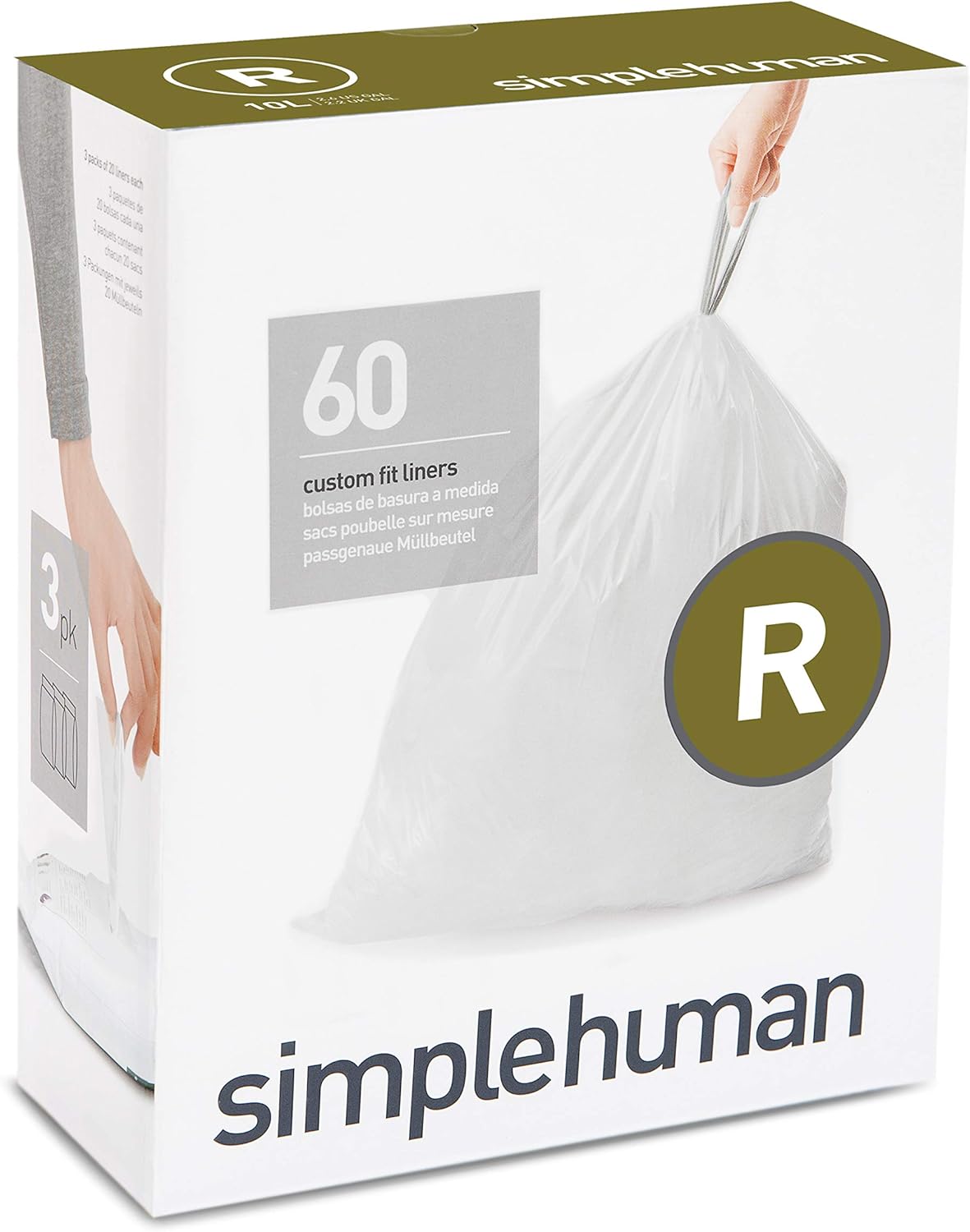 simplehuman Code R Custom Fit Liners, Drawstring Trash Bags, 10 Liter