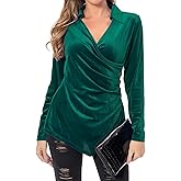 AxByCzD Womens Long Sleeve Velvet Tops Collared Cross Wrap V Neck Ruched Trendy Dressy Casual Shirts Blouses