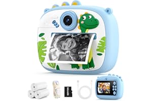YOZISS Kids Camera Instant Print, Digital Camera for Kids, for Boys Girls 3-12 with Silicone Cover, Selfie Cam No-Ink Instant Print with SD Card & 3 Rolls Paper(Blue Dinosaur)