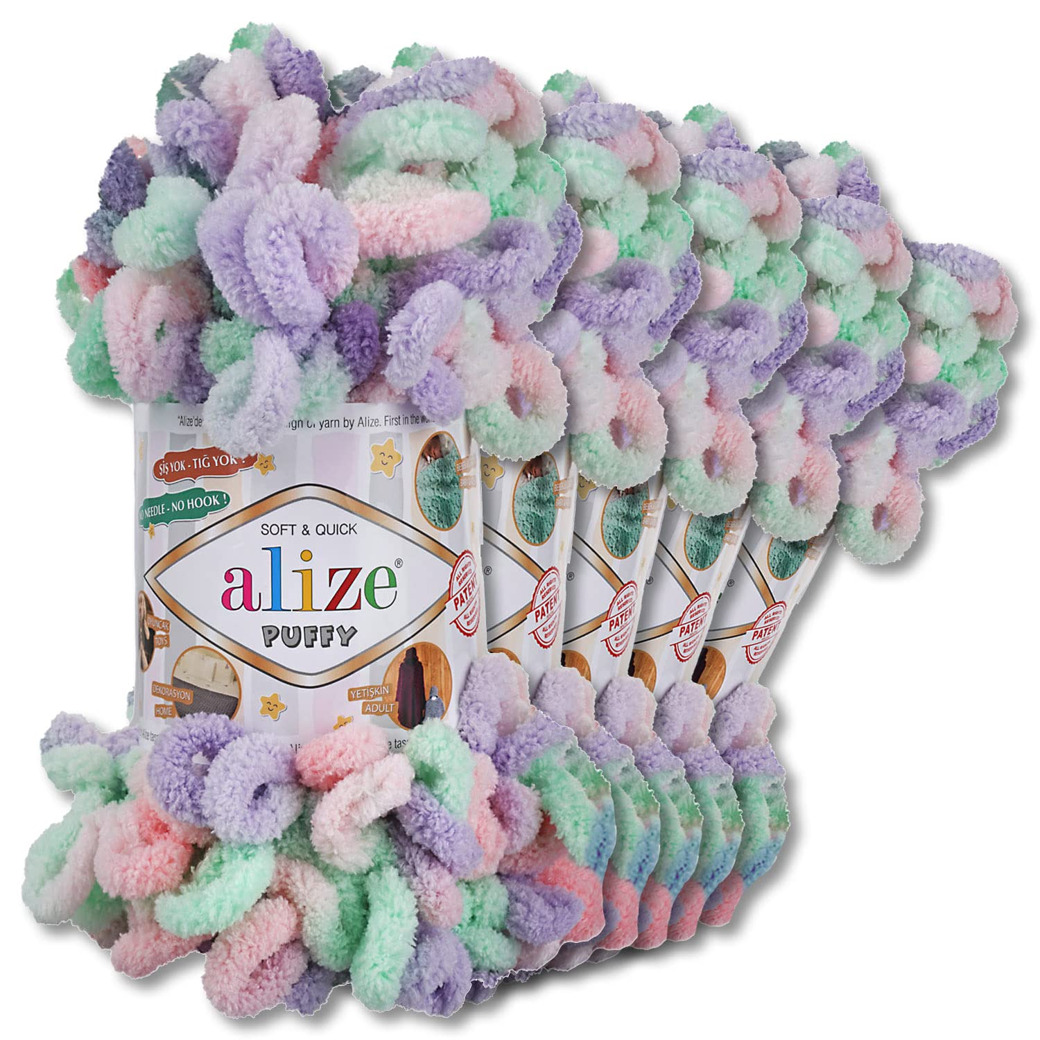 Wohnkult Alize Puffy Colour Premium Wool 5 x 100 g 26 Colour Combinations Chenille Handmade Knitting and Crochet without Tools Smart Yarn (5938)