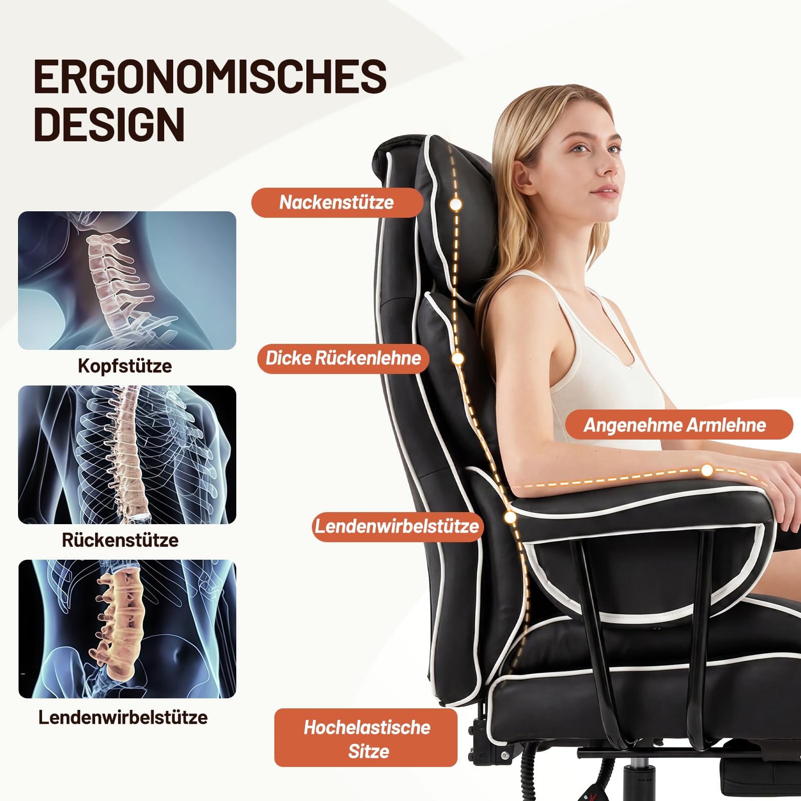 Ckaff Bürostuhl Chefsessel Ergonomisch, Gaming Stuhl aus PU Leder, Bürostuhl 200kg mit Fußstütze und Lendenwirbelstütze, Schreibtischstuhl mit Verstellbarer Rückenlehne (Schwarz) 4