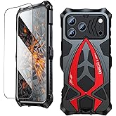 KumWum Armor Phone Case for iPhone 17 Pro Max Military Grade Cover 360 Full Protection Heavy Duty Hybrid Metal Bumper Built-in Silicone Shockproof with Screen Protector - Black + Red