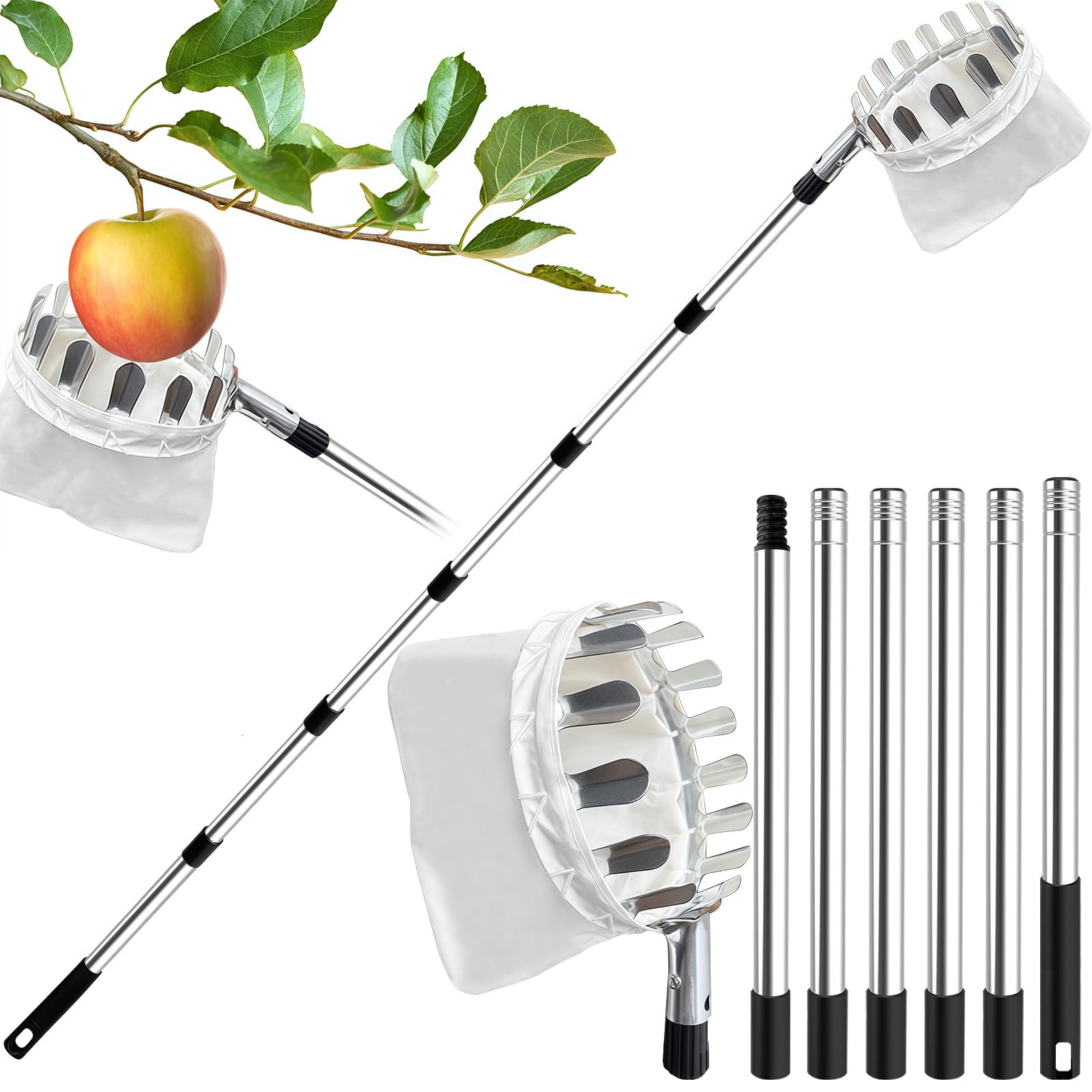Apple Picker with Telescopic Handle, 2.6M Fruit Picker, Fruit Picker Tool with Lightweight Stainless Steel Connecting Pole and Fabric Bag, Fruit Grabber Easy to Assemble, Tree Picker for Orange Etc
