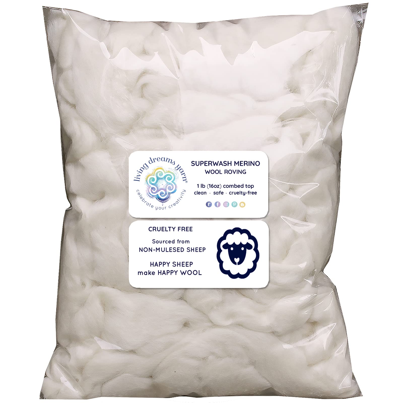 SUPERWASH MERINO Wool Roving. Ethically & Responsibly Sourced Fiber for Spinning, Blending, Filling and Stuffing - 1 LB Bag, Natural White Combed Top
