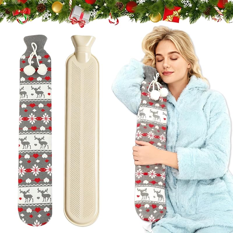 Abnaok Long Hot Water Bottle with Soft Cover for Neck & Body Relief