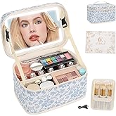 Makeup Bag With LED Mirror, Lightweight Travel Makeup Bag With 3 Color Setting Light Up Mirror Cosmetic Makeup Organizer Vanity Case for Women Beauty Tools Accessories Rechargeable Train Case-Floral