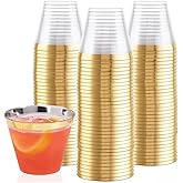100 Clear Plastic Cups with Gold Rim - 9 oz Hard Disposable Cups, Bulk Wine, Cocktail, or Drinking Tumblers for Weddings or P