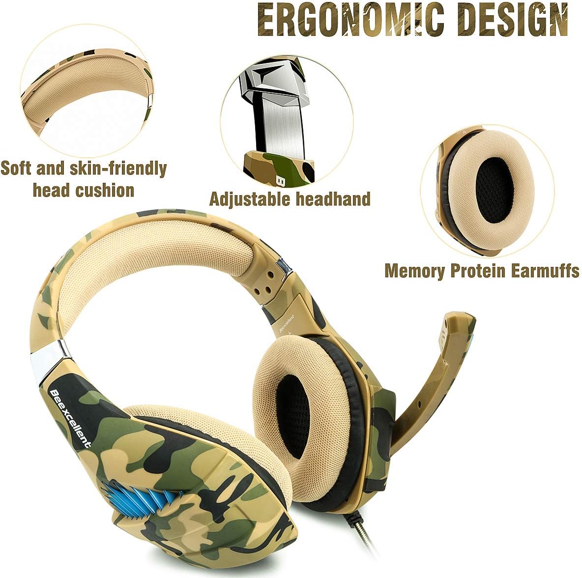 Gaming Headset for PS4 Xbox One PC, Beexcellent Deep Bass PS4 Headset with Noise Immunity Mic, LED Light, Friction-Reduction Cable, High Comfort Earmuff-Camo: Electronics