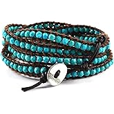 Miss Rabbit Boho Layered Leather Handmade Bracelet, Natural Stone Beaded 5 Wrap Bracelets for Women Blue Turquoise Beads Bohemian Bracelet Jewelry