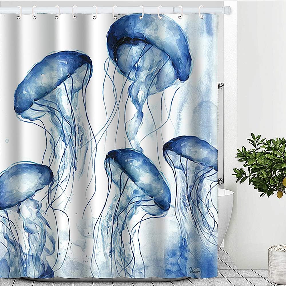 Ocean Shower Curtain, Beach Theme Fabric Jellyfish Shower Curtain Waterproof Polyester Fabric Purple Ocean Animal  Shower Curtain Set with Hooks Bathroom Decor 72" x 72" (72 x 72 inches, Jellyfish)