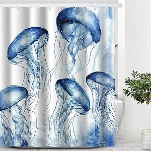 Ocean Shower Curtain, Beach Theme Fabric Jellyfish Shower Curtain Waterproof Polyester Fabric Purple Ocean Animal  Shower Curtain Set with Hooks Bathroom Decor 72" x 72" (72 x 72 inches, Jellyfish)