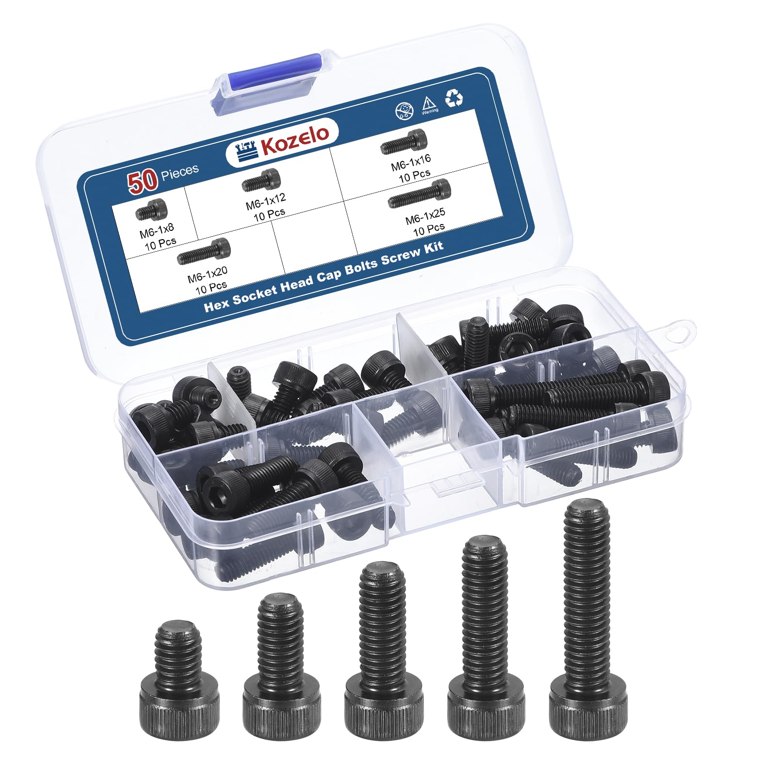 Kozelo 50pcs M6 Socket Head Cap Screws Bolts Nuts Assortment Kit - [M6x8/12/16/20/25mm] Alloy Steel Fully Threaded Black Oxide 12.9 Internal Hex Screw for 3D Printer Use — image 1