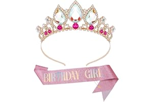 Vovii Birthday Girl Sash and Crown for Girls, Rapunzel Crown, Girl's Birthday Princess Crown Sash, Pink Happy Birthday Decorations Set for Party, Birthday Headband for Princess