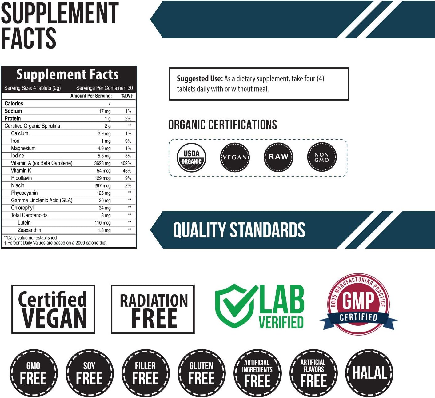 Organic Spirulina Tablets – Highest Nutrient Density & Purest Spirulina in World, Guaranteed - Raw Certified, 4 Organic Certifications, Non-Irradiated (120 Tablets): Health & Personal Care