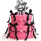 Bow Cake Topper - Black Ribbon Bow Cake Topper with Happy Birthday Sign, Black Bow Coquette Birthday Decorations Vintage Cake Toppers Party Decor