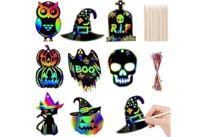 KMUYSL 48PCS Halloween Craft Kit for Kids - Magic Scratch Off Cards Paper Hanging Halloween Ornaments Set with 24pcs Wooden Stylus 48pcs Cords for Halloween Party Favor, Art Craft Supplies