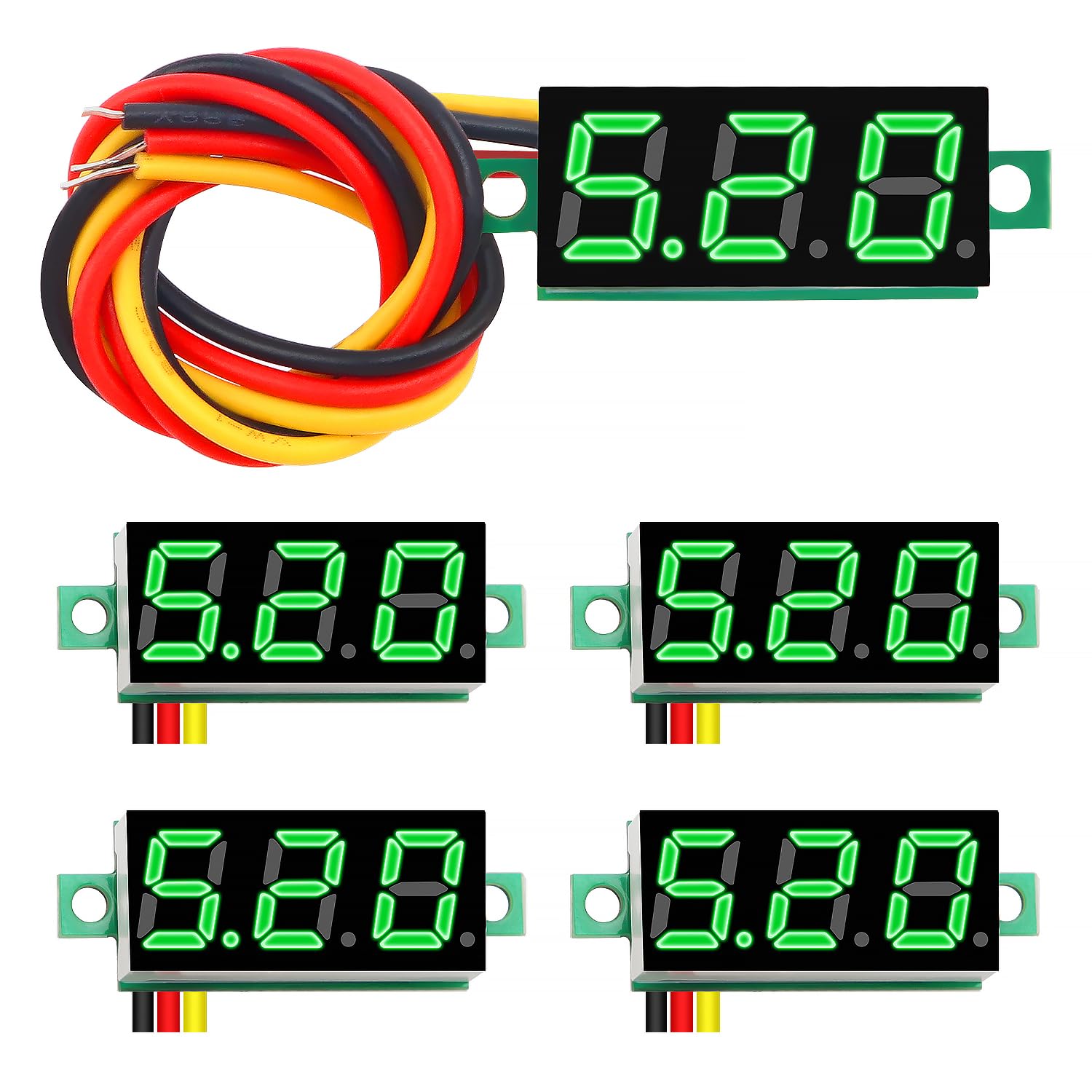 YIXISI 5 PCS Mini Digital Voltmeter Tester, 0-100V Gauge, 3 Wire, LED Display, Reverse Polarity Protection, Voltage Measurement