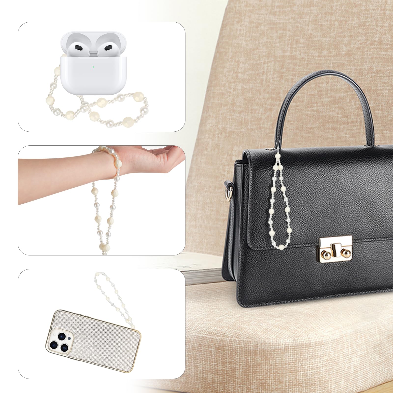 LUVI Beaded Phone Charm Lanyard Wrist Strap Beads Chain String Pearl Bracelet Keychain Handmade Cute Fashion for Women White