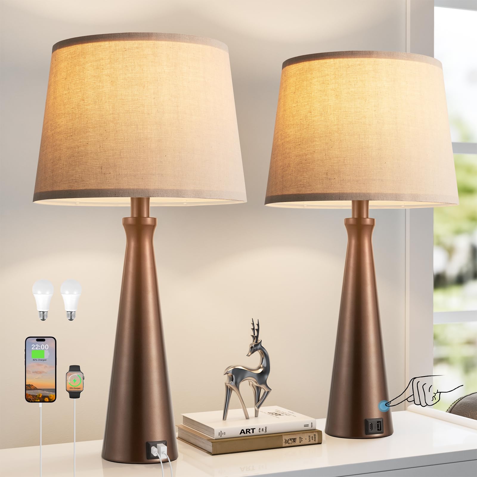 Photo 1 of Seealle Modern Table Lamps Set of 2 - Touch Bedside Lamp for Nightstand with USB C+A,3-Way Dimmable Brown Nightstand Lamps for Living Room Bedroom End Table with Oat Shade(Bulb Included)