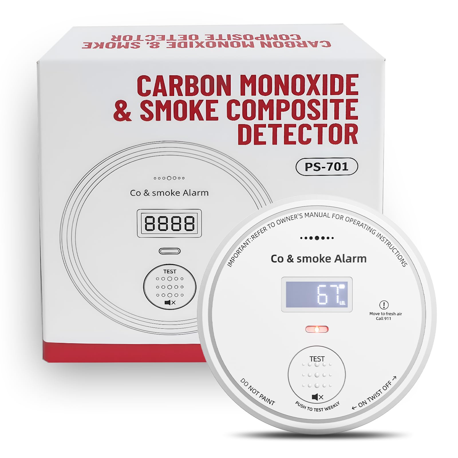 Photo 1 of 10-Year Battery Smoke and Carbon Monoxide Detector 2-in-1 with Digital Display, 85dB Visual & Audible Alarm, Easy Setup for Living Room,Camper,RV, Brings Peace of Mind