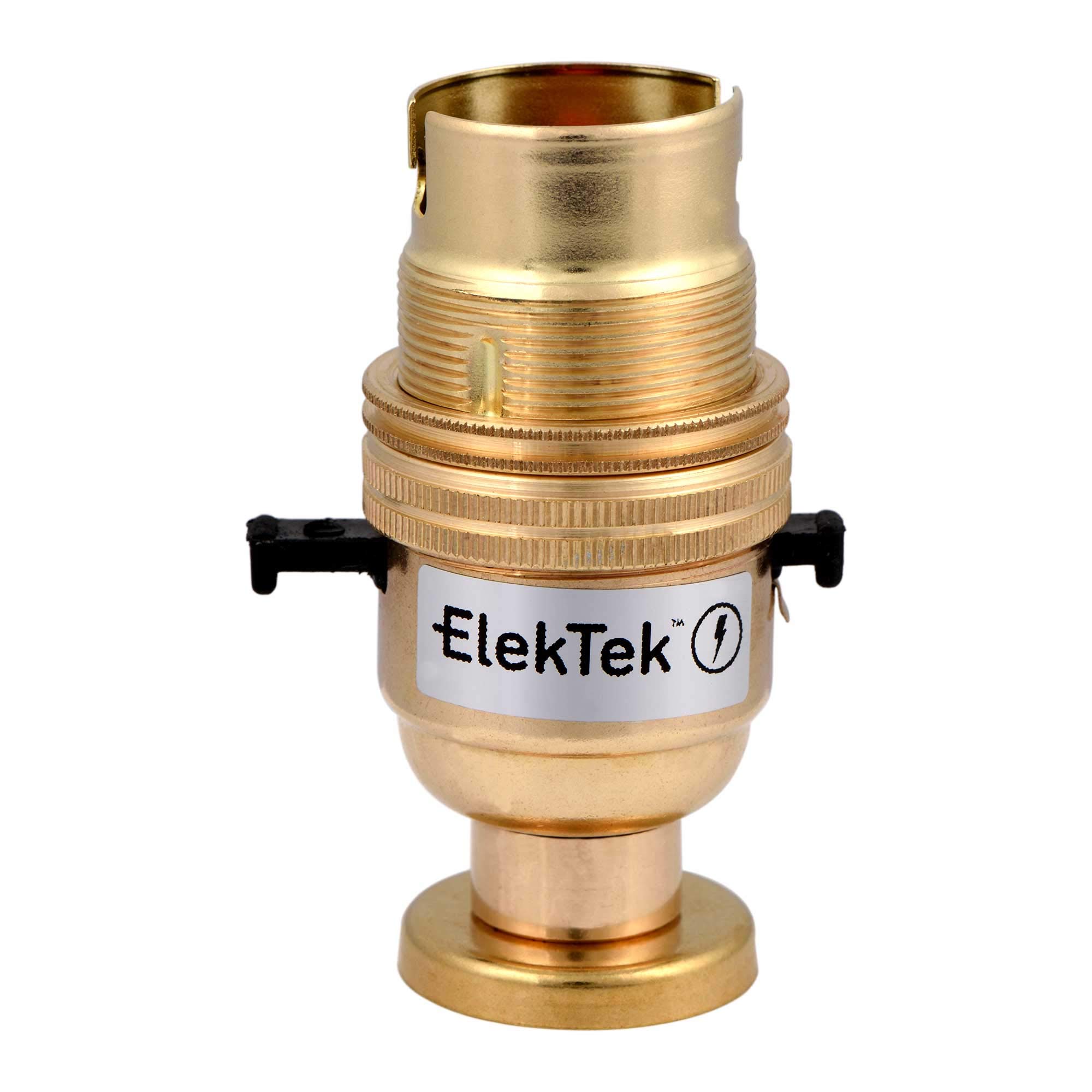 ElekTek Safety Switched Lamp Bulb Holder B22 BC Bayonet Cap Shade Ring, Brass, CNC Back Plate Mount Cover & Screws Made in UK - Child Safe Switch Push Bar Locks Off & cuts Power if no Bulb Fitted