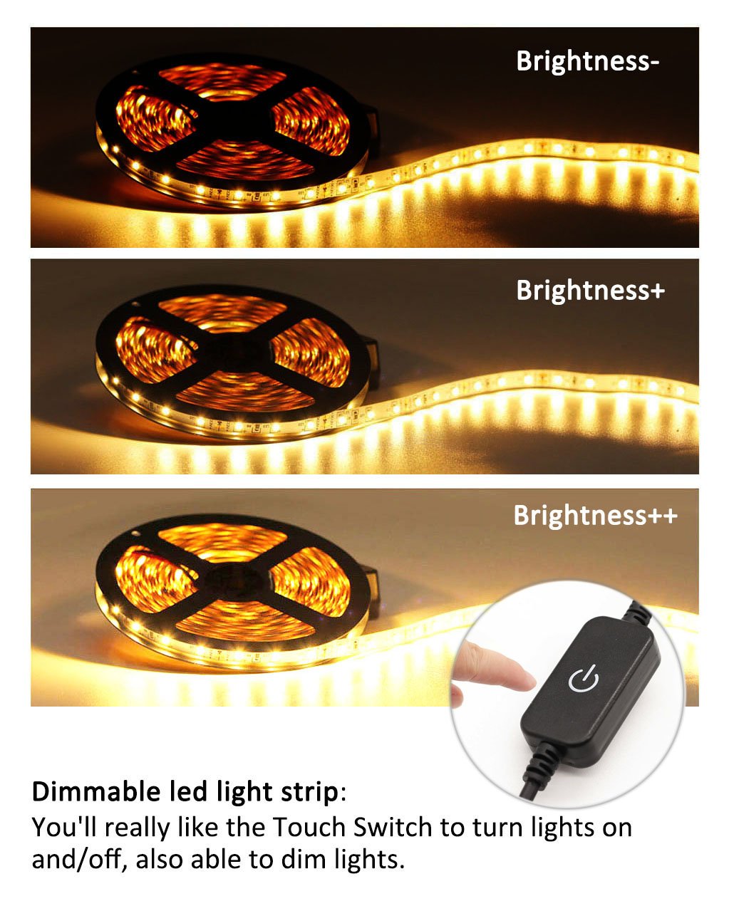 Led Strip Lights 19.6ft/6M Non-waterproof Flexible 360leds Warm White Bed Night Lights Touch Sensor Lighing Kit Manual Bright/Dim Decorate for Mirror cabinets Bed ,Tender Light