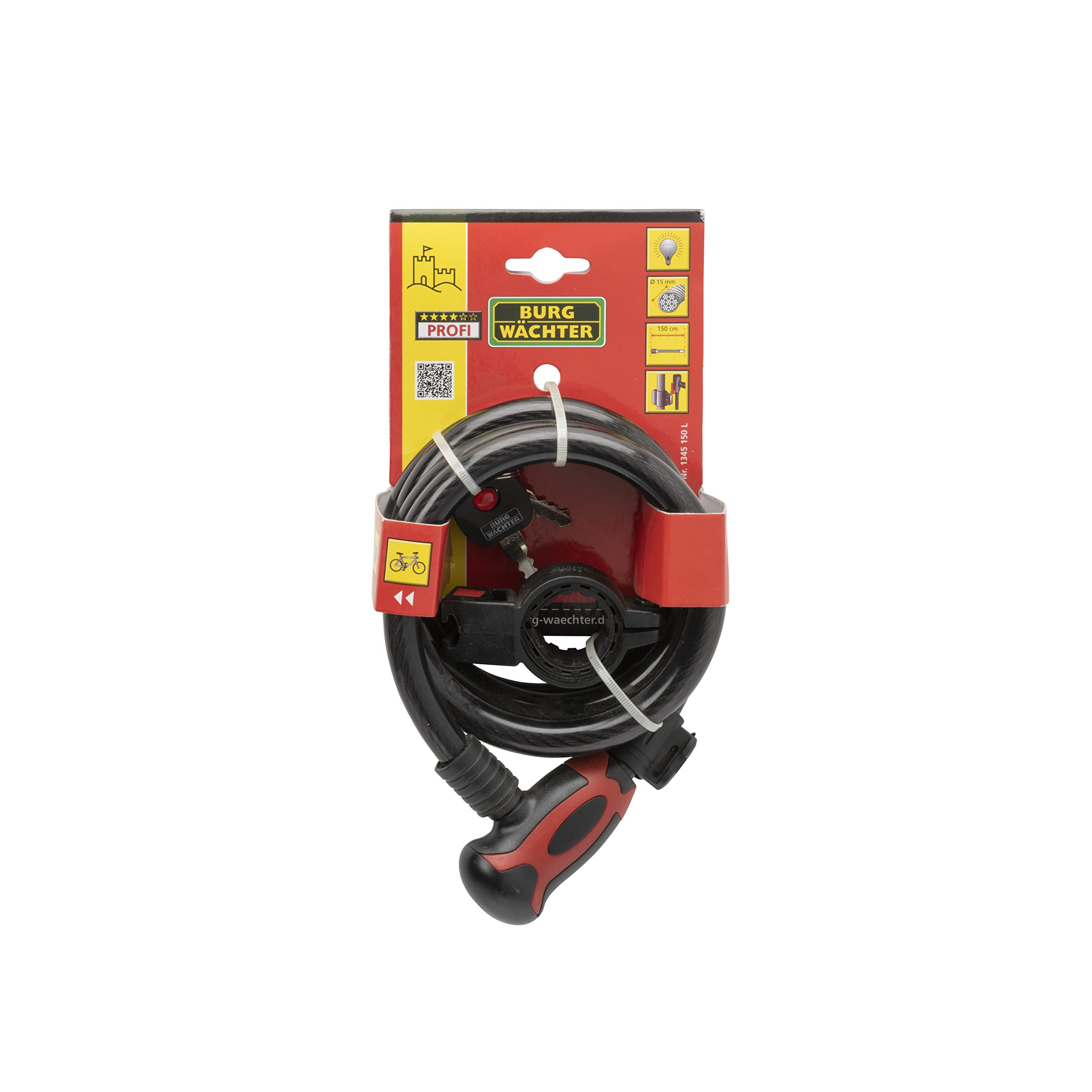 BURG-WÄCHTER Spiral Cable Lock with Lighted Keys, incl. 2 Keys, with Mounting Bracket, Auto-Locking, Length: 150 cm, 1345 150 L, Color Sorted
