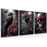 Hianan Wrapped Canvas Dark Goth Crow Rose Skull Wall Art Set of 3, 16x24 in | Halloween Goth Crow Skull Bleeding Red Roses Wall Decor, Black Red Moody Art Print, Spooky Eerie Suit for Goth Style Room