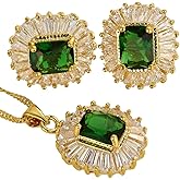 RIZILIA Rectangular Radiant Cut Birthstone Jewelry Set for Women - Multi Color Options - 14K Yellow Gold Plated Pendant Necklace Stud Earrings, 18"+2" Chain - Gift Boxed for Her, Mother