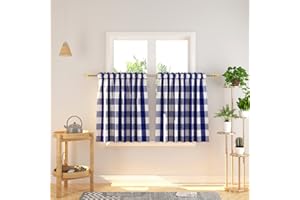NATUS WEAVER Cafe Curtains 30 inches Long Buffalo Plaid Kitchen Tiers 2 Panels Rod Pocket Gingham Check Short Small Half Window Curtains Bathroom Navy Blue & White