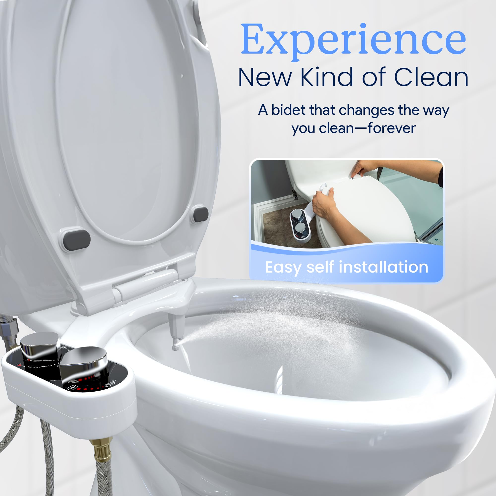 CLEAR REAR Bidet Attachment for Toilet Seat - Non-Electric, Self-Cleaning Dual Nozzle, Adjustable Water Pressure, Rear & Feminine Wash Hygienic Bathroom Upgrades - Fits Elongated Toilets (White)