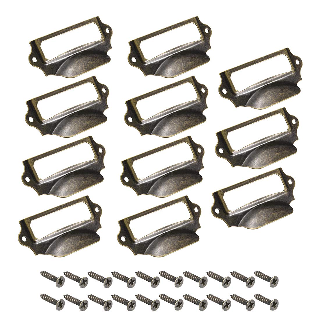 sourcing map Label Holder Pull Handles, Vintage Iron Label Frame Drawer Knobs for Cabinet Cupboard, Bronze Tone 90x41mm Pack of 10 w Screws
