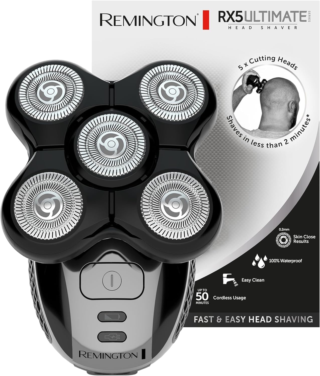 Remington Electric Head Shaver for Bald Men (5 Cutting Heads, Skin Close Results, 0.2mm), (Waterproof, Detail Trimmer, 50-Minute Runtime, Easy Clean Hair Pocket, Travel Pouch) Electric Razor - XR1501