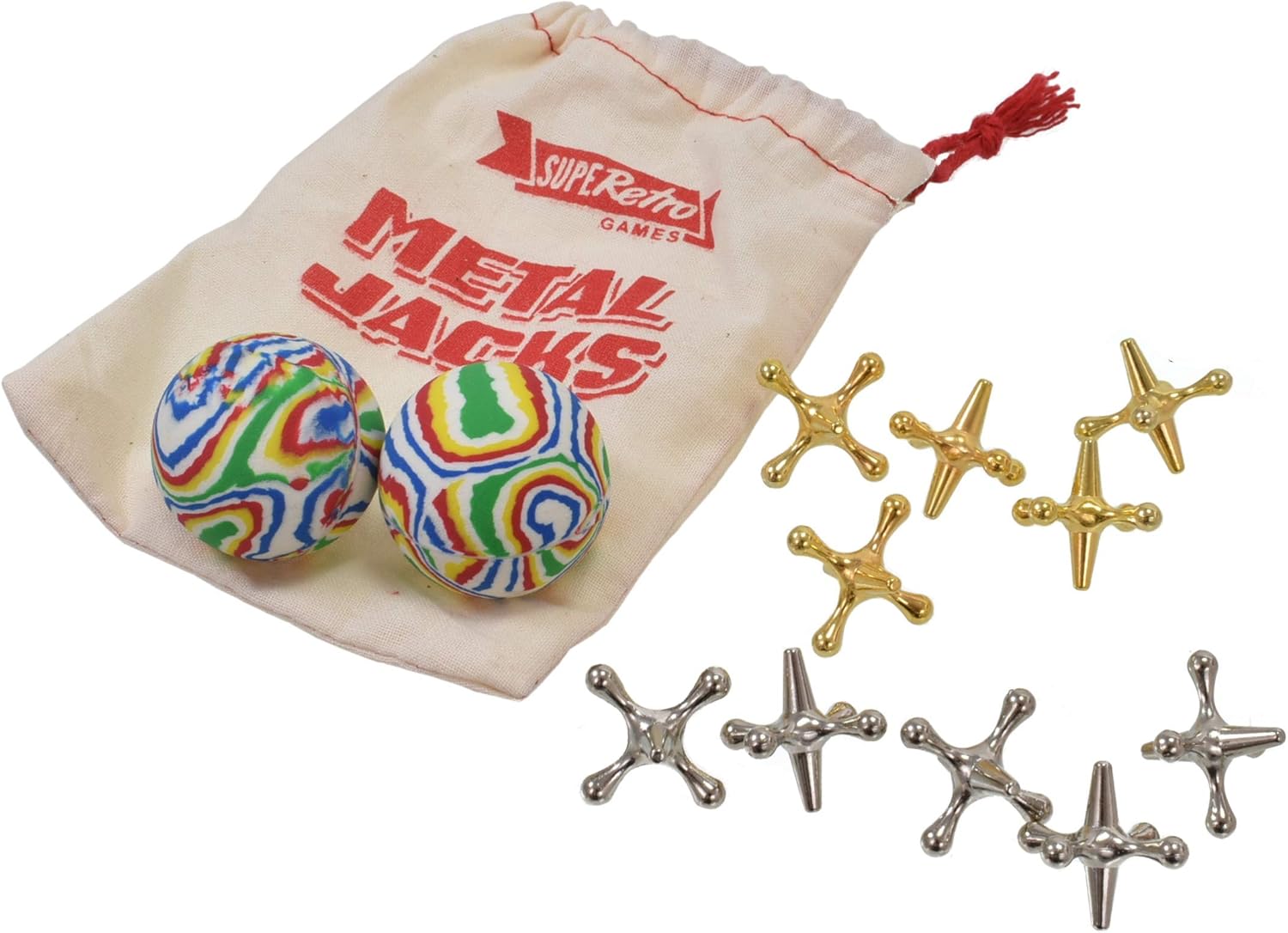 Traditional Retro Metal Jacks Family Game With 2 Rubber Swirly Bouncy