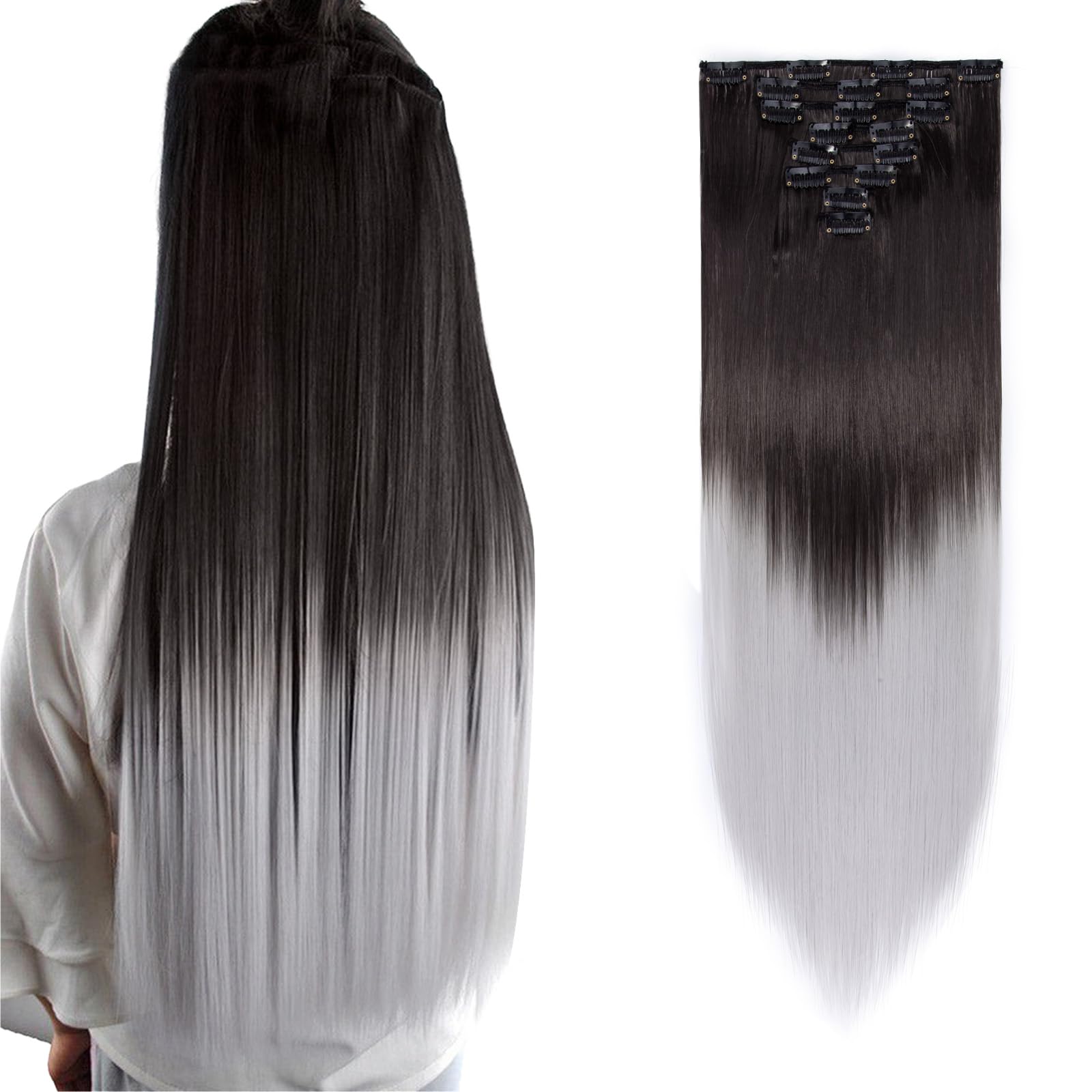 26" Long Straight Clip in Hair Extensions Full Head 8Pcs 18Clips Ombre Colorful Synthetic Hair Clip in Hairpiece Dark Brown to Silver Gray
