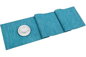 SHACOS Woven Vinyl Table Runner Indoor Outdoor 12x54 inch Kitchen Dining Table Runners Wipe Clean Washable PVC Table Runner, Teal Blue