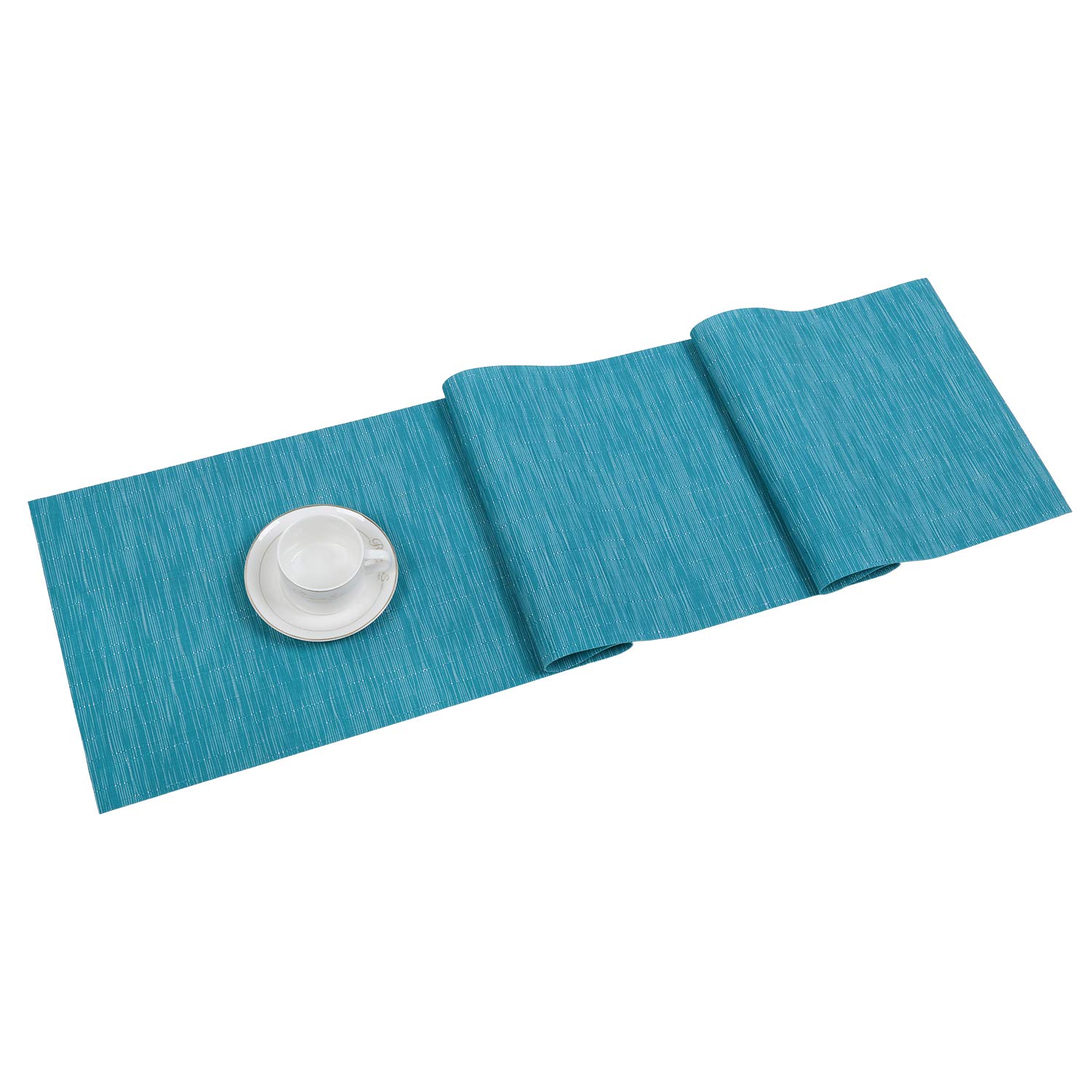 Photo 1 of SHACOS Woven Vinyl Table Runner Indoor Outdoor 12x71 inch Kitchen Dining Table Runners Wipe Clean Washable PVC Table Runner, Teal Blue