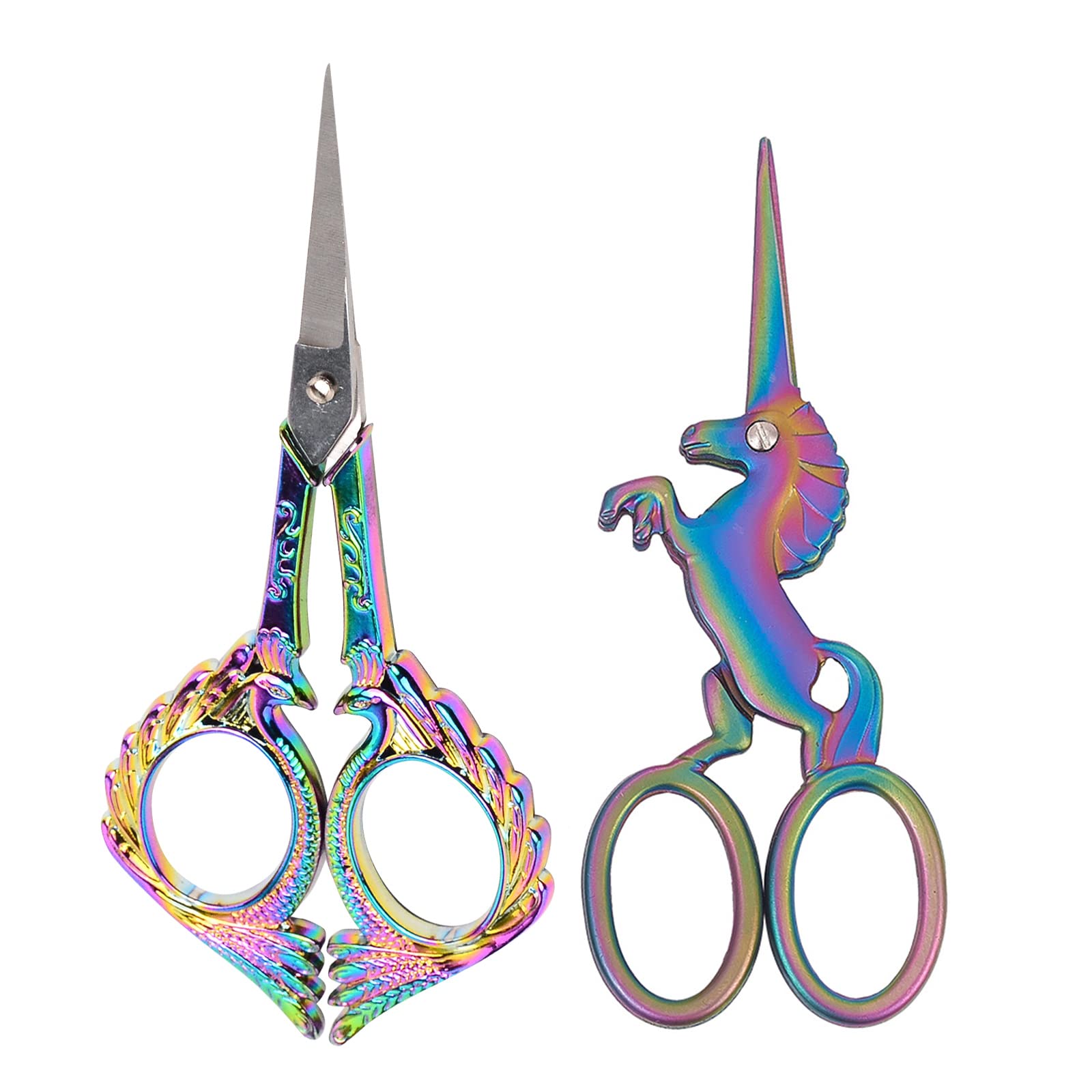 SUNNYCLUE 2pcs Embroidery Needlework Scissors - 3.7/4.5 Inch Stainless Steel for Fabric Cutting, Dressmaking, Beard, Nose Trimming - Unicorn, Stork and Crane Design
