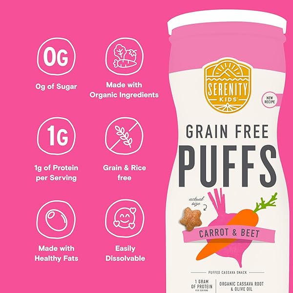 SERENITY KIDS 6+ MONTHS GRAIN FREE PUFFS TODDLER & BABY SNACK | NO ADDED SUGAR, GLUTEN & RICE FREE, ALLERGEN FREE | MADE WITH ORGANIC CASSAVA, VEGGIES, AND HERBS | CARROT & BEET | 1 COUNT