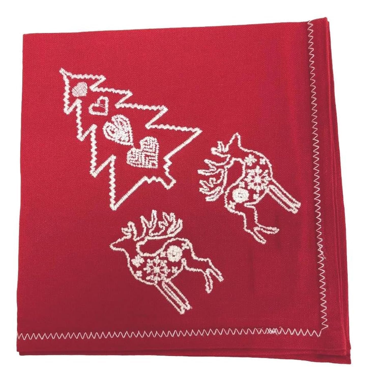 Christmas Napkin - Cotton Napkins for Christmas-Themed Dining Table Setting & Silverware - WHITE ON RED GROUND EMBROIDERED - Ragged Rose Gift Wrapped Cloth Napkins Set of 4-40 cm x 40 cm